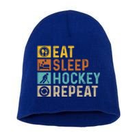 Retro Hockey Repeat Vintage Eat Sleep Hockey Repeat Gift Short Acrylic Beanie