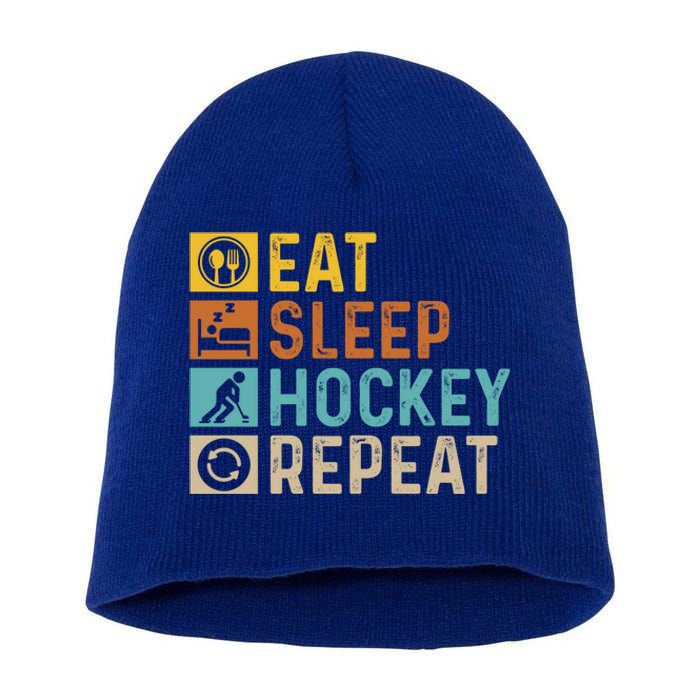 Retro Hockey Repeat Vintage Eat Sleep Hockey Repeat Gift Short Acrylic Beanie