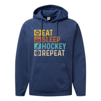 Retro Hockey Repeat Vintage Eat Sleep Hockey Repeat Gift Performance Fleece Hoodie