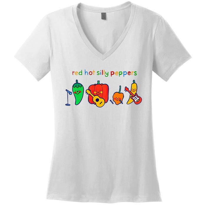 Red Hot Silly Peppers Funny Women's V-Neck T-Shirt