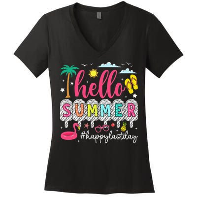 Retro Hello Summer Happy Last Day Of School Teacher Student Women's V-Neck T-Shirt