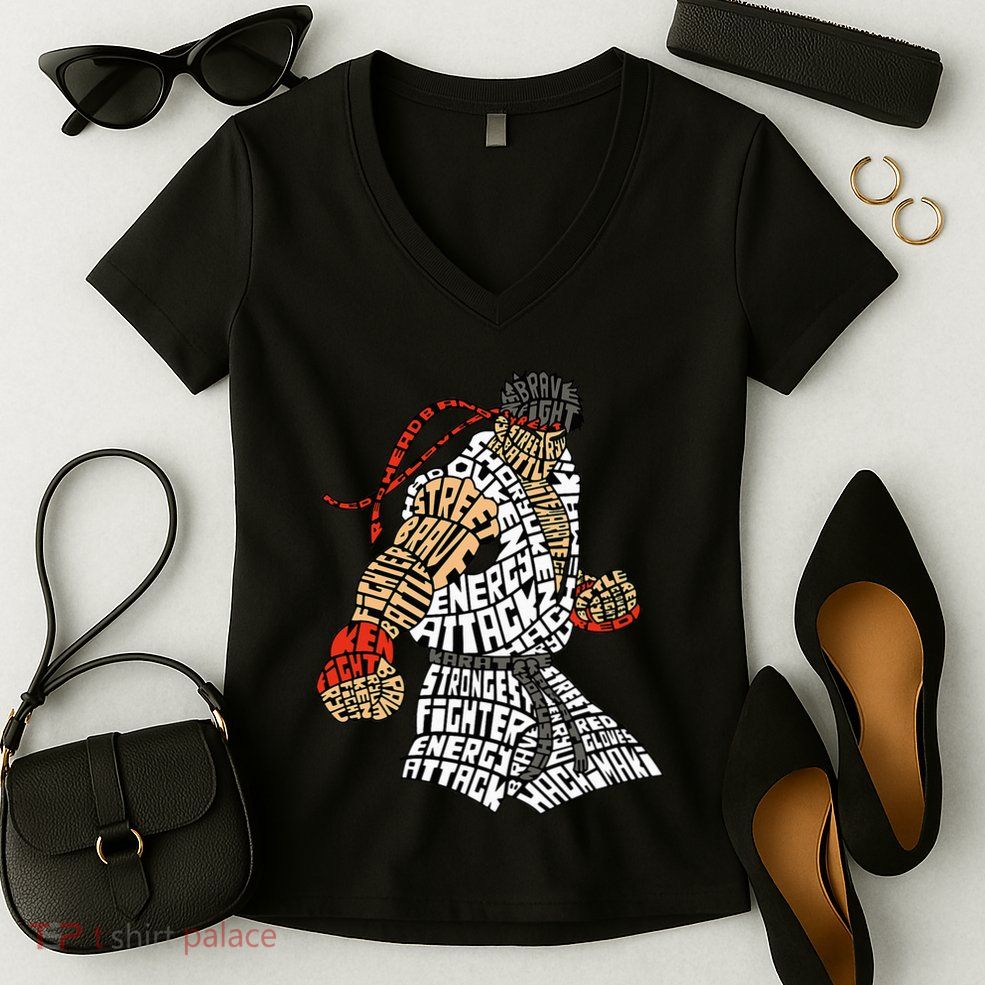 Retro Hadouken Shoryuken Brave Karate Fighter Typogram Women's V-Neck T-Shirt