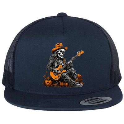 Rocker Halloween Skeleton Guitar Halloween Flat Bill Trucker Hat