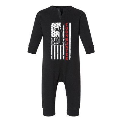 Raccoon Hunting Season USA Flag Coon Hunter Infant Fleece One Piece