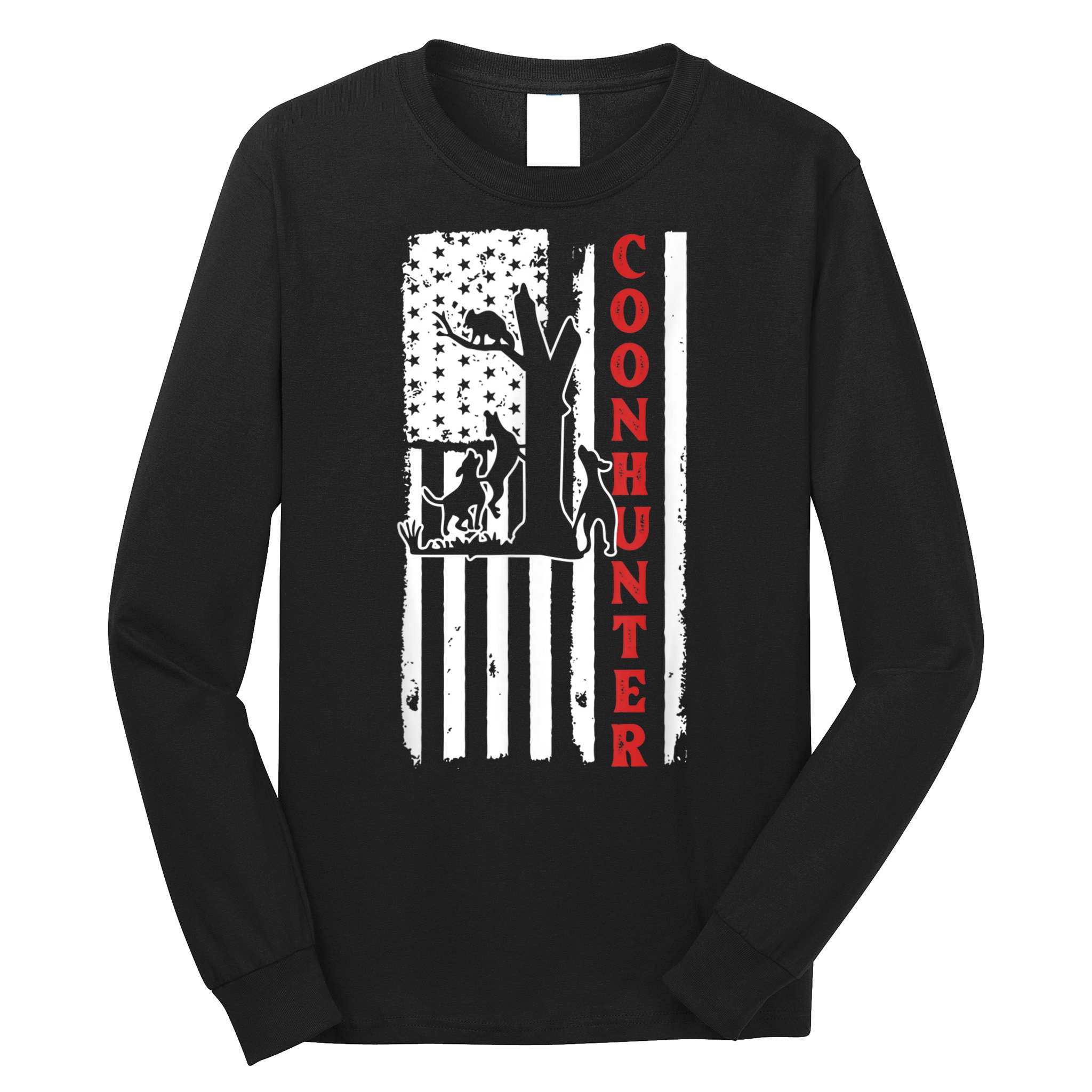 Raccoon Hunting Season USA Flag Coon Hunter Long Sleeve Shirt