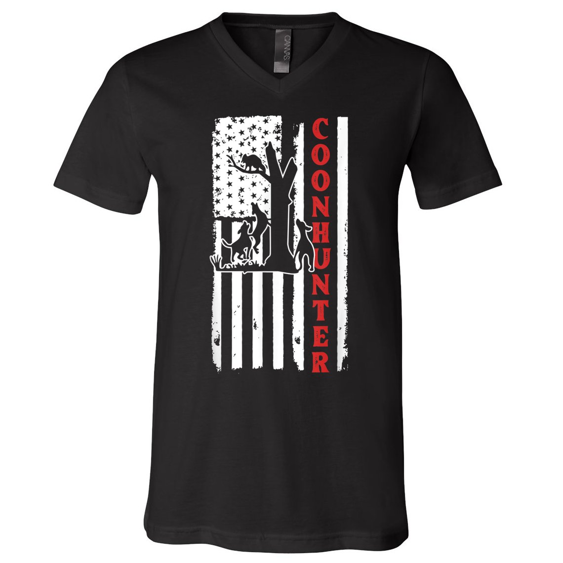 Raccoon Hunting Season USA Flag Coon Hunter V-Neck T-Shirt