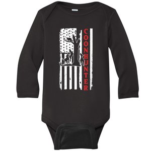 Raccoon Hunting Season USA Flag Coon Hunter Baby Long Sleeve Bodysuit