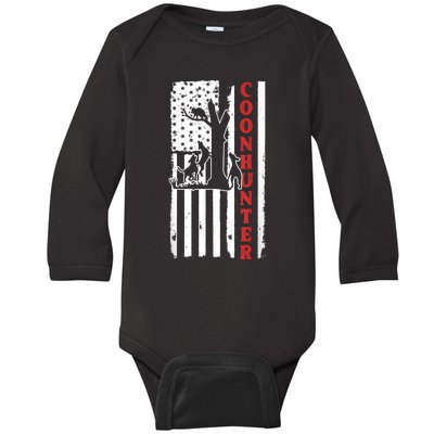 Raccoon Hunting Season USA Flag Coon Hunter Baby Long Sleeve Bodysuit