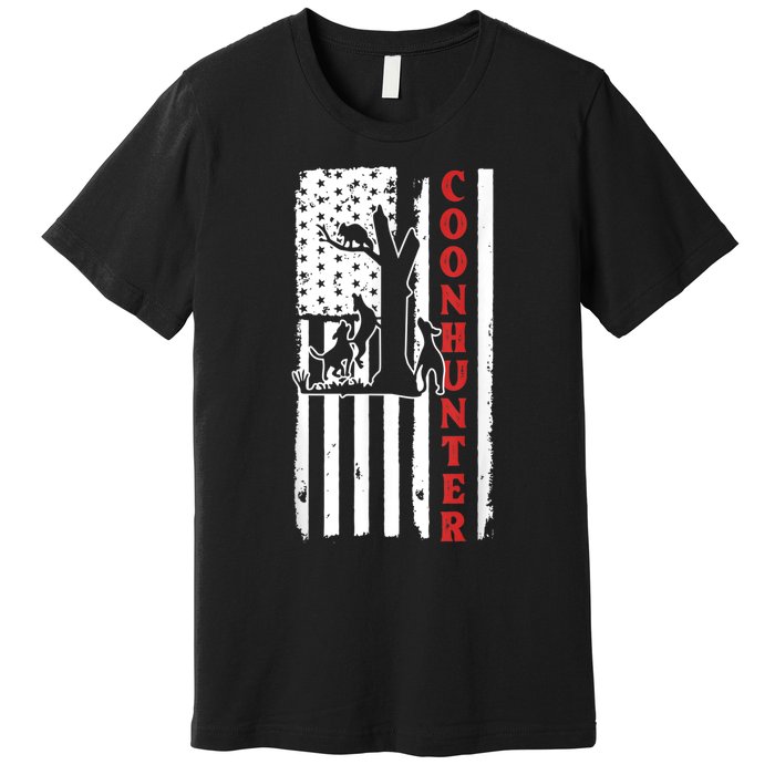 Raccoon Hunting Season USA Flag Coon Hunter Premium T-Shirt