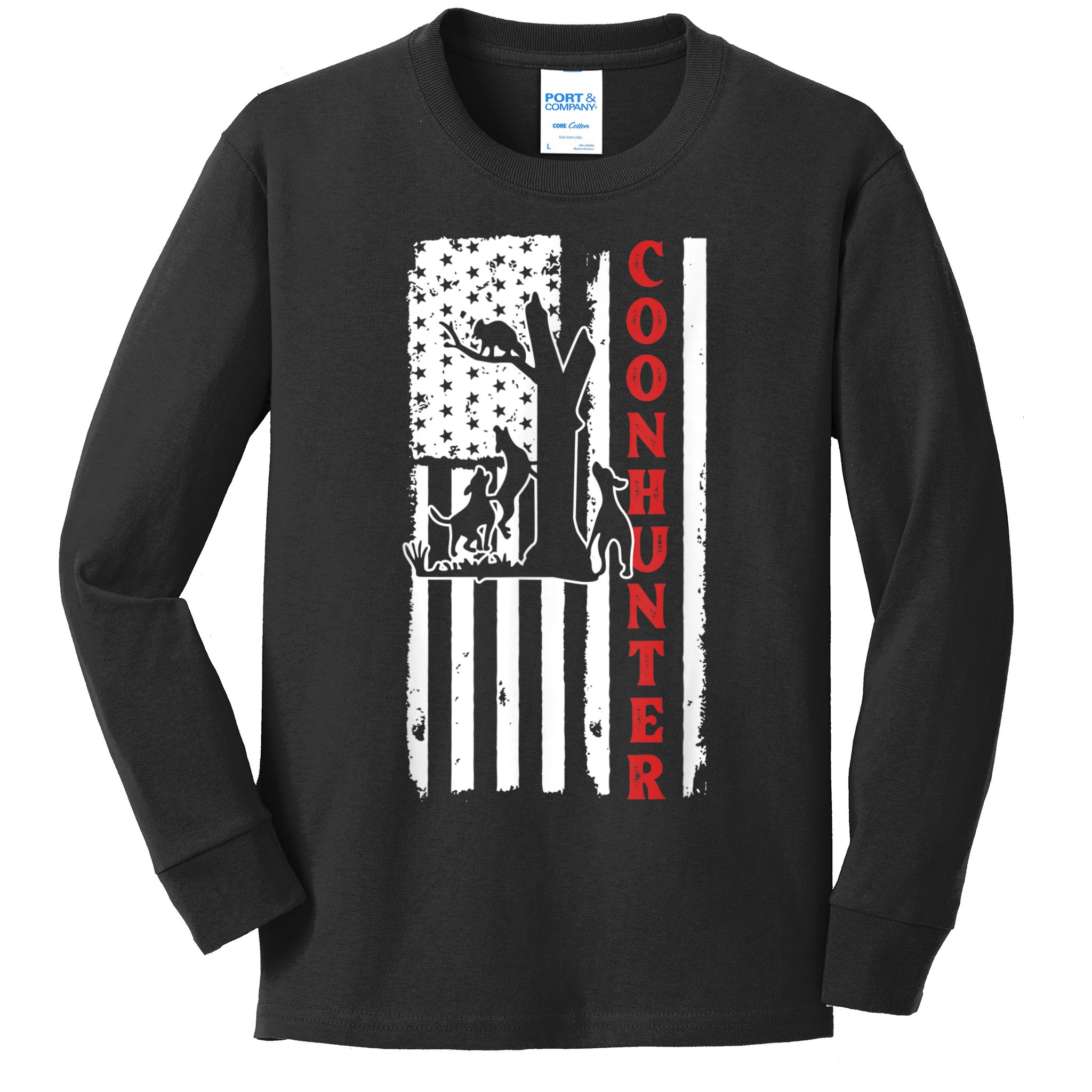Raccoon Hunting Season USA Flag Coon Hunter Kids Long Sleeve Shirt