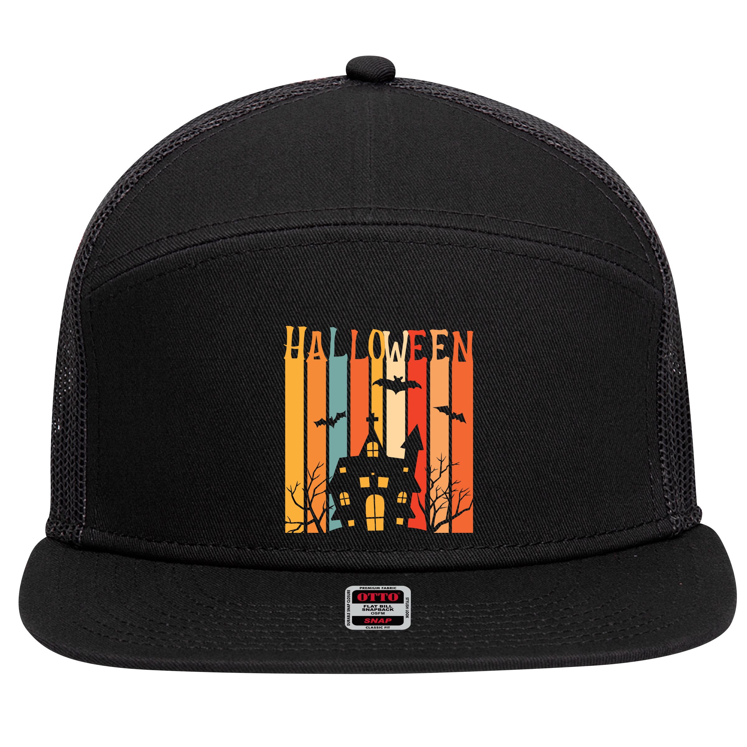 Retro Halloween Scary House 7 Panel Mesh Trucker Snapback Hat