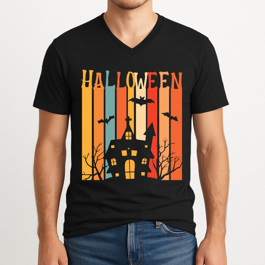 Retro Halloween Scary House V-Neck T-Shirt
