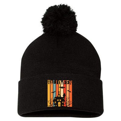 Retro Halloween Scary House Pom Pom 12in Knit Beanie
