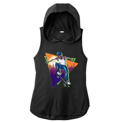 Retro Halloween Skateboarding Skater Skeleton Ladies PosiCharge Tri-Blend Wicking Draft Hoodie Tank