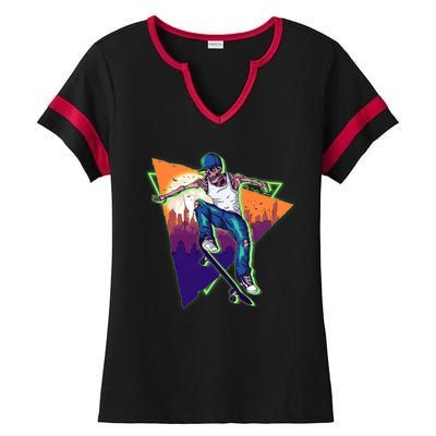 Retro Halloween Skateboarding Skater Skeleton Ladies Halftime Notch Neck Tee