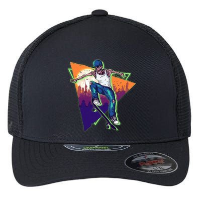 Retro Halloween Skateboarding Skater Skeleton Flexfit Unipanel Trucker Cap