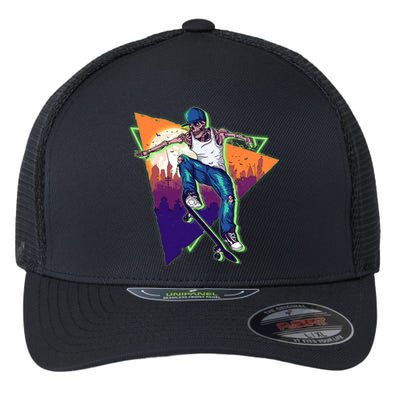 Retro Halloween Skateboarding Skater Skeleton Flexfit Unipanel Trucker Cap