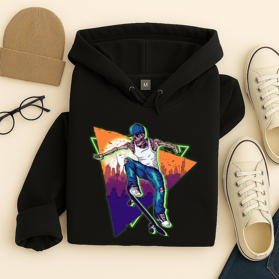 Retro Halloween Skateboarding Skater Skeleton Hoodie