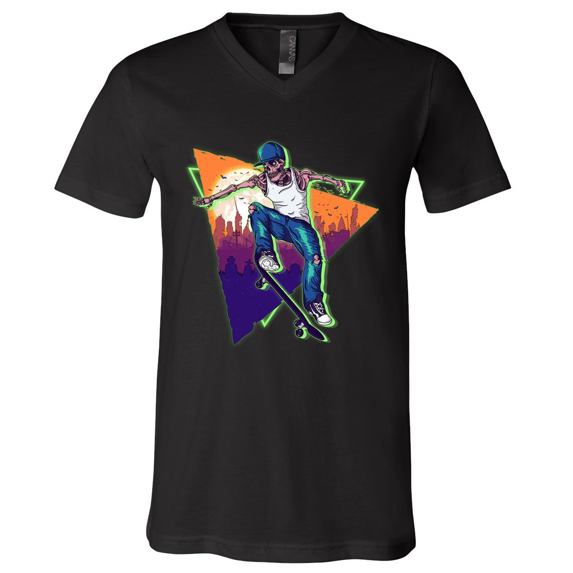 Retro Halloween Skateboarding Skater Skeleton V-Neck T-Shirt