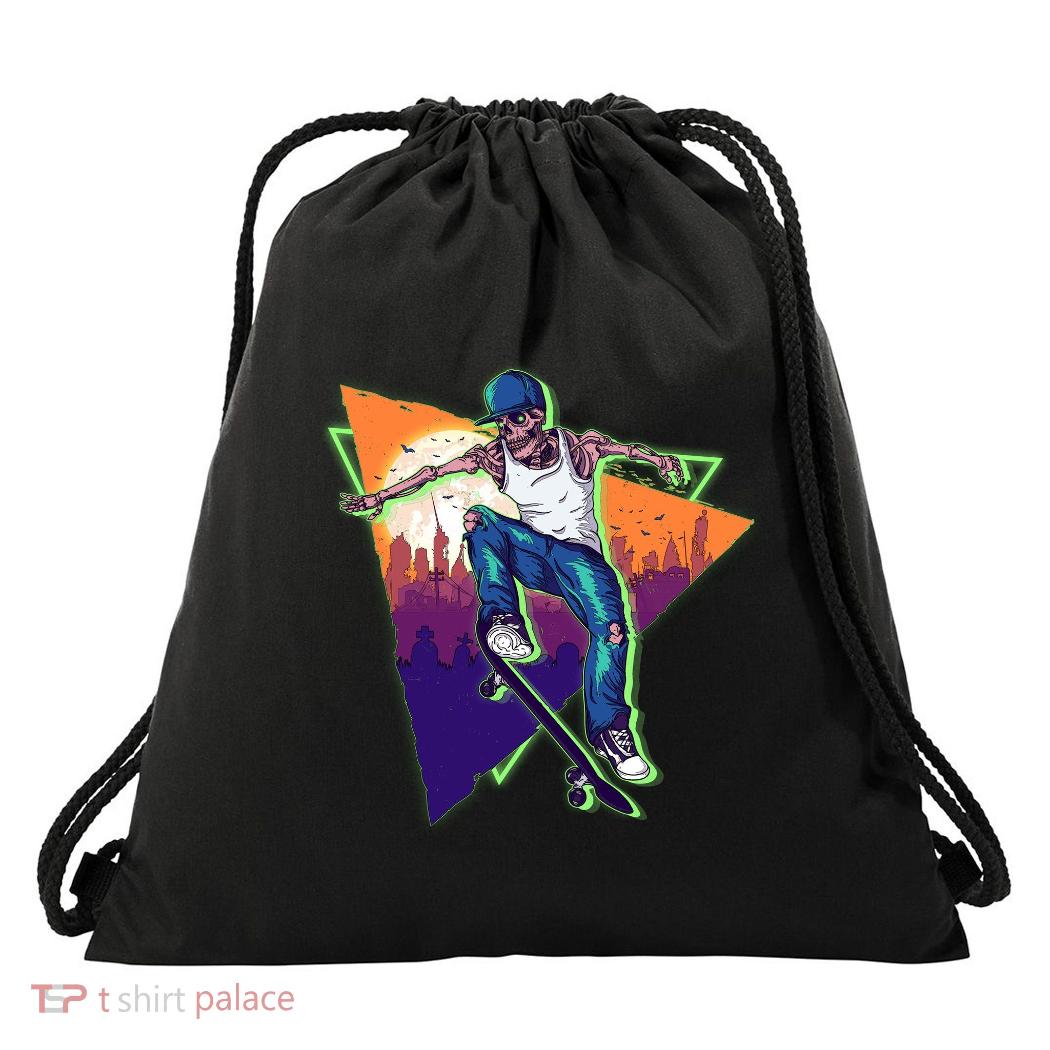Retro Halloween Skateboarding Skater Skeleton Drawstring Bag
