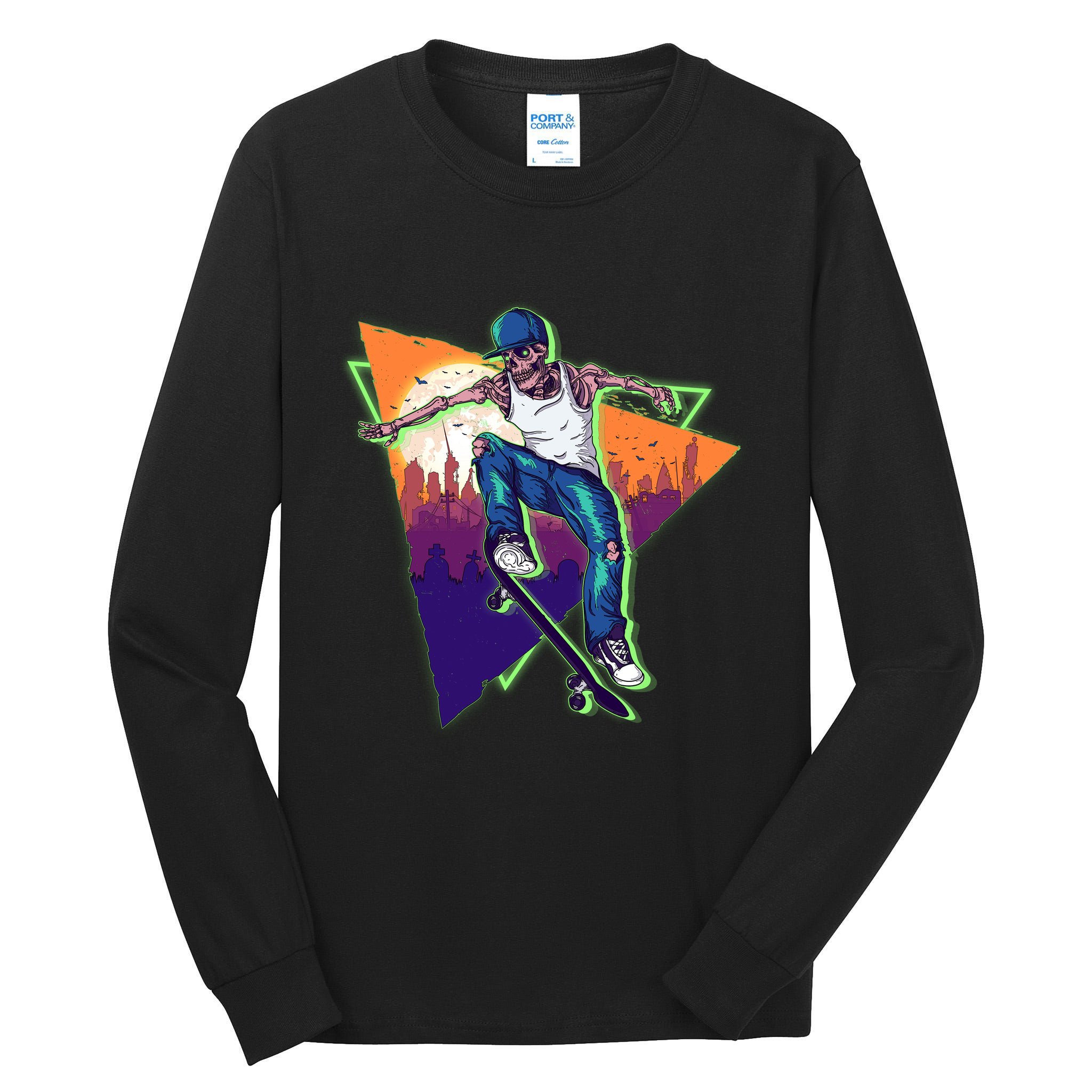 Retro Halloween Skateboarding Skater Skeleton Tall Long Sleeve T-Shirt
