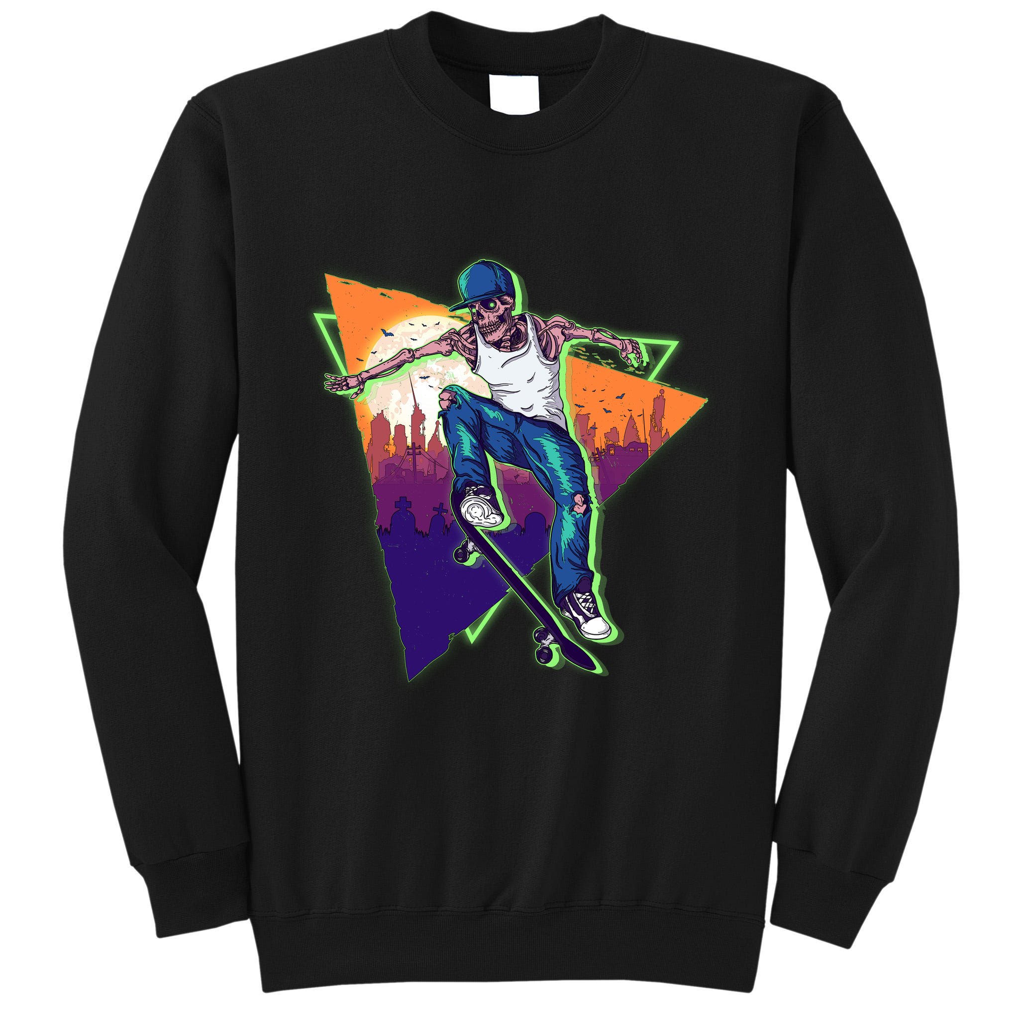Retro Halloween Skateboarding Skater Skeleton Tall Sweatshirt