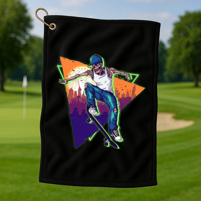 Retro Halloween Skateboarding Skater Skeleton Golf Towel