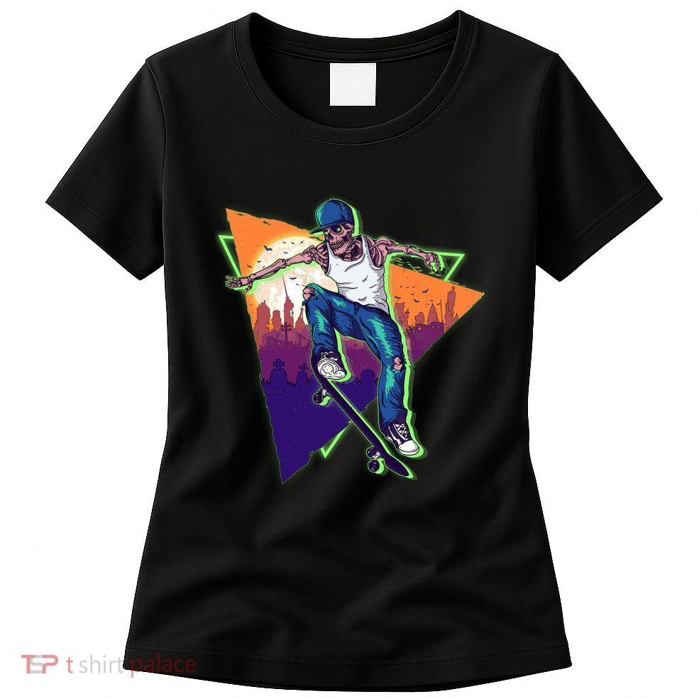 Retro Halloween Skateboarding Skater Skeleton Womens T-Shirt