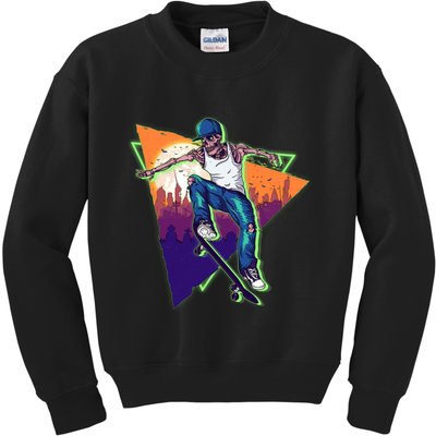 Retro Halloween Skateboarding Skater Skeleton Kids Sweatshirt
