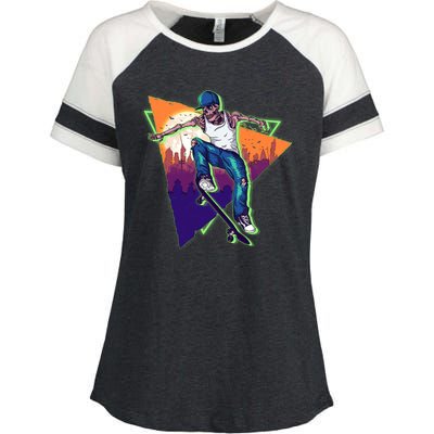 Retro Halloween Skateboarding Skater Skeleton Enza Ladies Jersey Colorblock Tee