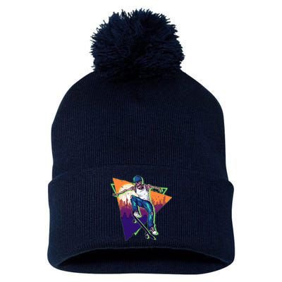 Retro Halloween Skateboarding Skater Skeleton Pom Pom 12in Knit Beanie