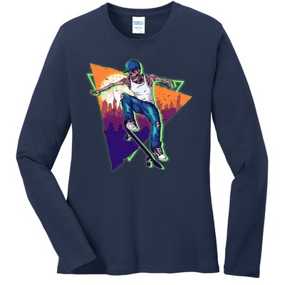 Retro Halloween Skateboarding Skater Skeleton Ladies Long Sleeve Shirt