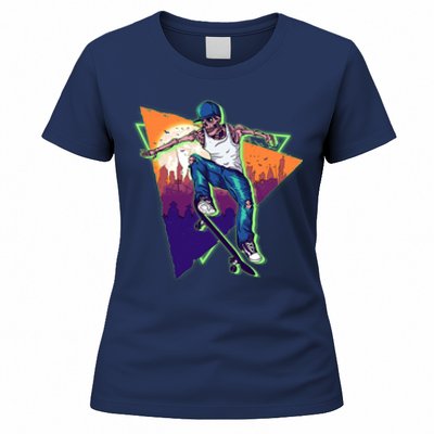 Retro Halloween Skateboarding Skater Skeleton Women's T-Shirt