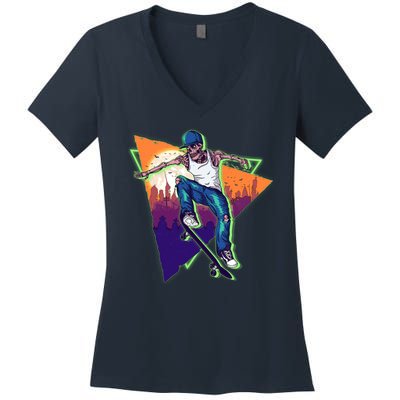 Retro Halloween Skateboarding Skater Skeleton Women's V-Neck T-Shirt