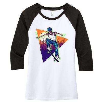 Retro Halloween Skateboarding Skater Skeleton Women's Tri-Blend 3/4-Sleeve Raglan Shirt