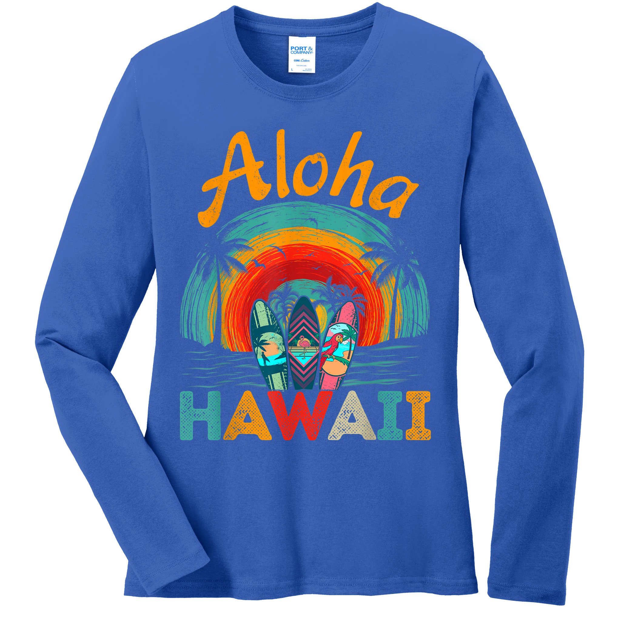 Retro Hawaiian Surfboard Aloha Hawaii Island Surfer Outfits Ladies Long Sleeve Shirt