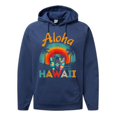 Retro Hawaiian Surfboard Aloha Hawaii Island Surfer Outfits Performance Fleece Hoodie