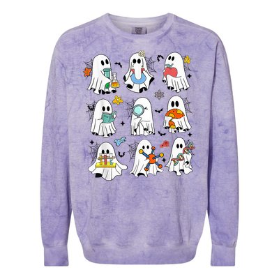 Retro Halloween Science Teacher Ghost Laboratory Teacher Colorblast Crewneck Sweatshirt