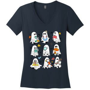 Retro Halloween Science Teacher Ghost Laboratory Teacher Women's V-Neck T-Shirt