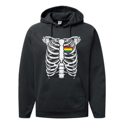 Rainbow Heart Skeleton Xray Halloween Pride Ally Performance Fleece Hoodie