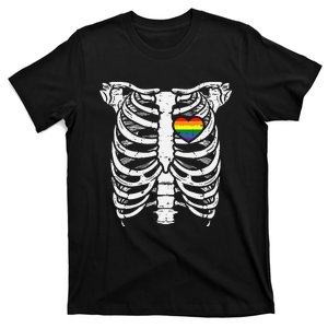 Rainbow Heart Skeleton Xray Halloween Pride Ally T-Shirt