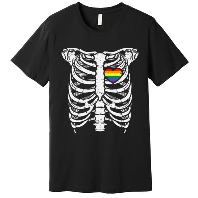 Rainbow Heart Skeleton Xray Halloween Pride Ally Premium T-Shirt