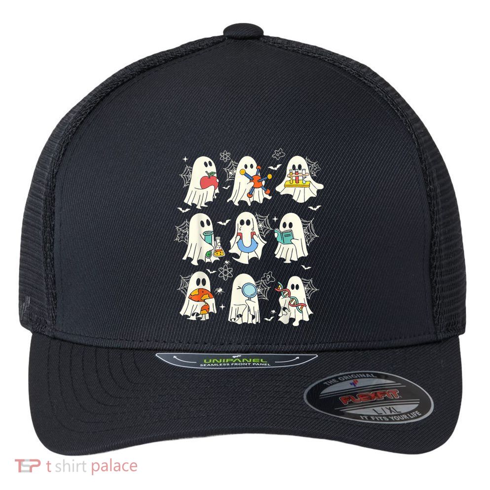 Retro Halloween Science Teacher Ghost Laboratory Teacher Flexfit Unipanel Trucker Cap