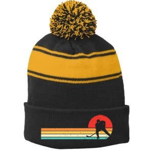 Retro Hockey Striped Logo Stripe Pom Pom Beanie