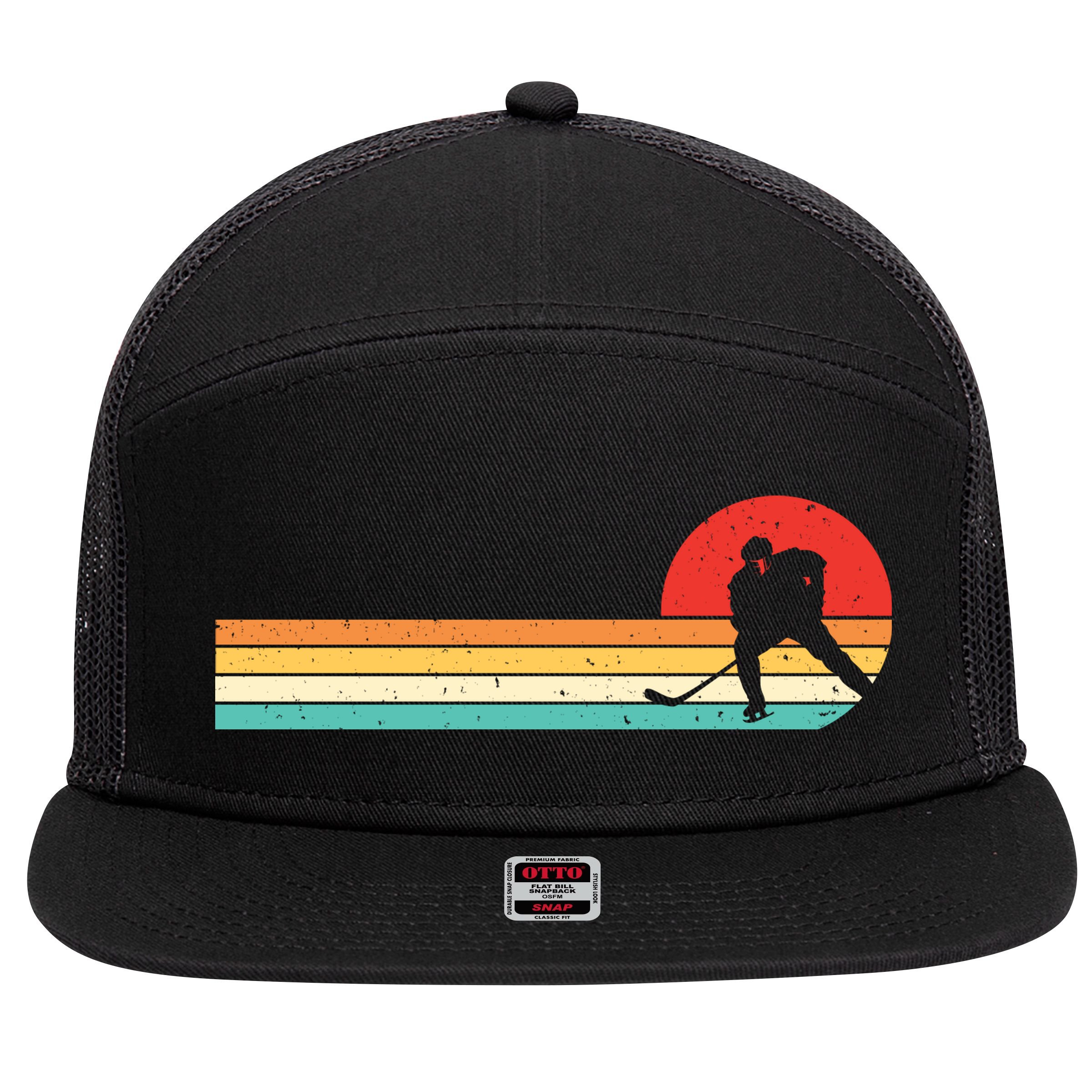 Retro Hockey Striped Logo 7 Panel Mesh Trucker Snapback Hat