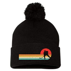 Retro Hockey Striped Logo Pom Pom 12in Knit Beanie