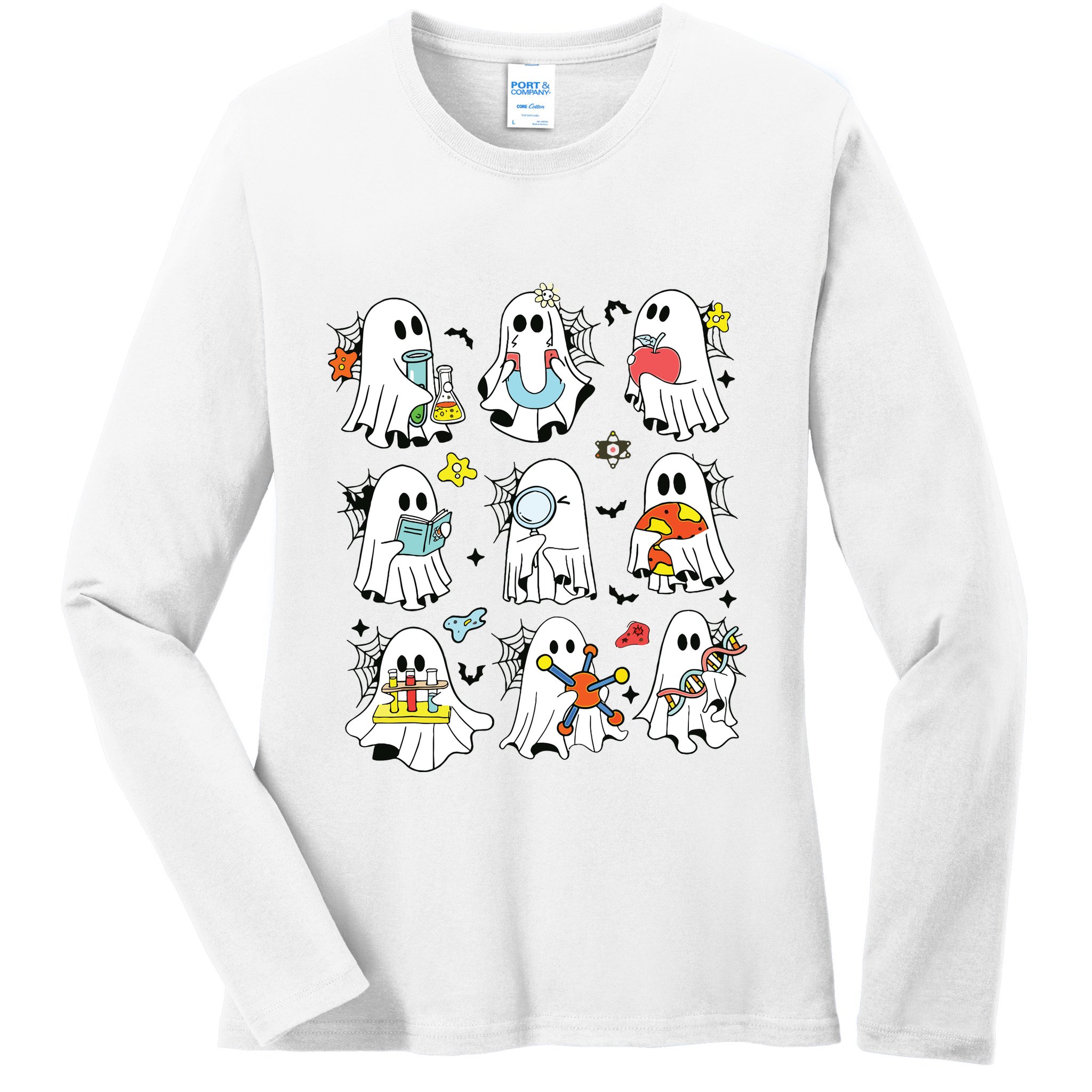 Retro Halloween Science Teacher Ghost Laboratory Teacher Ladies Long Sleeve Shirt