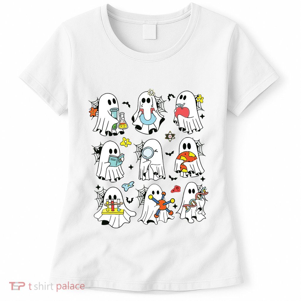 Retro Halloween Science Teacher Ghost Laboratory Teacher Womens T-Shirt