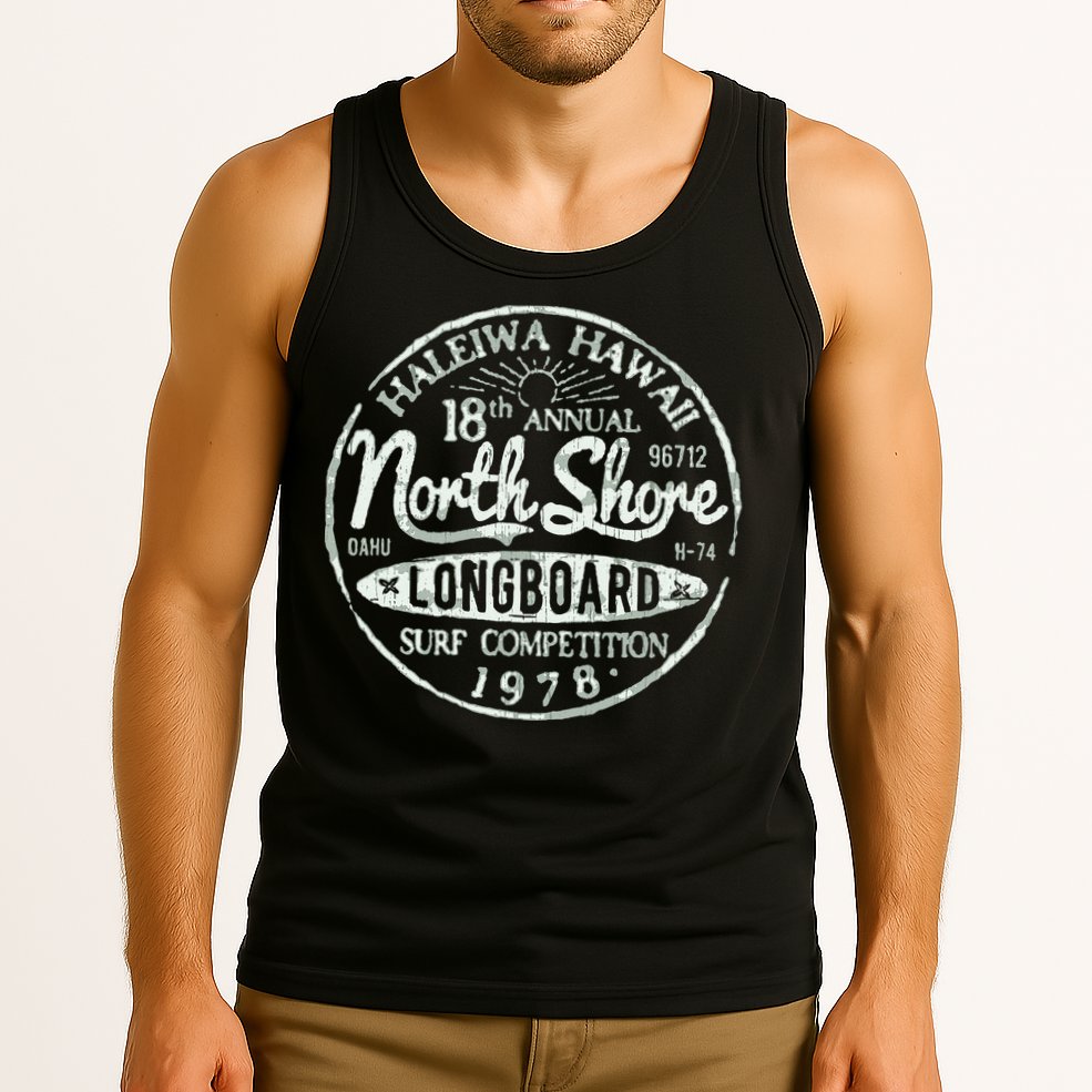Retro Hawaii Surf Vintage Pacific Beach Long Board Wave Tank Top