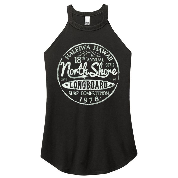 Retro Hawaii Surf Vintage Pacific Beach Long Board Wave Women's Perfect Tri Rocker Tank